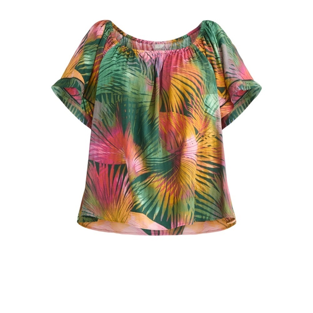 Terra & Sky Plus Size Tropical Off-Shoulder Flutter Top in Green, Pink & Yellow